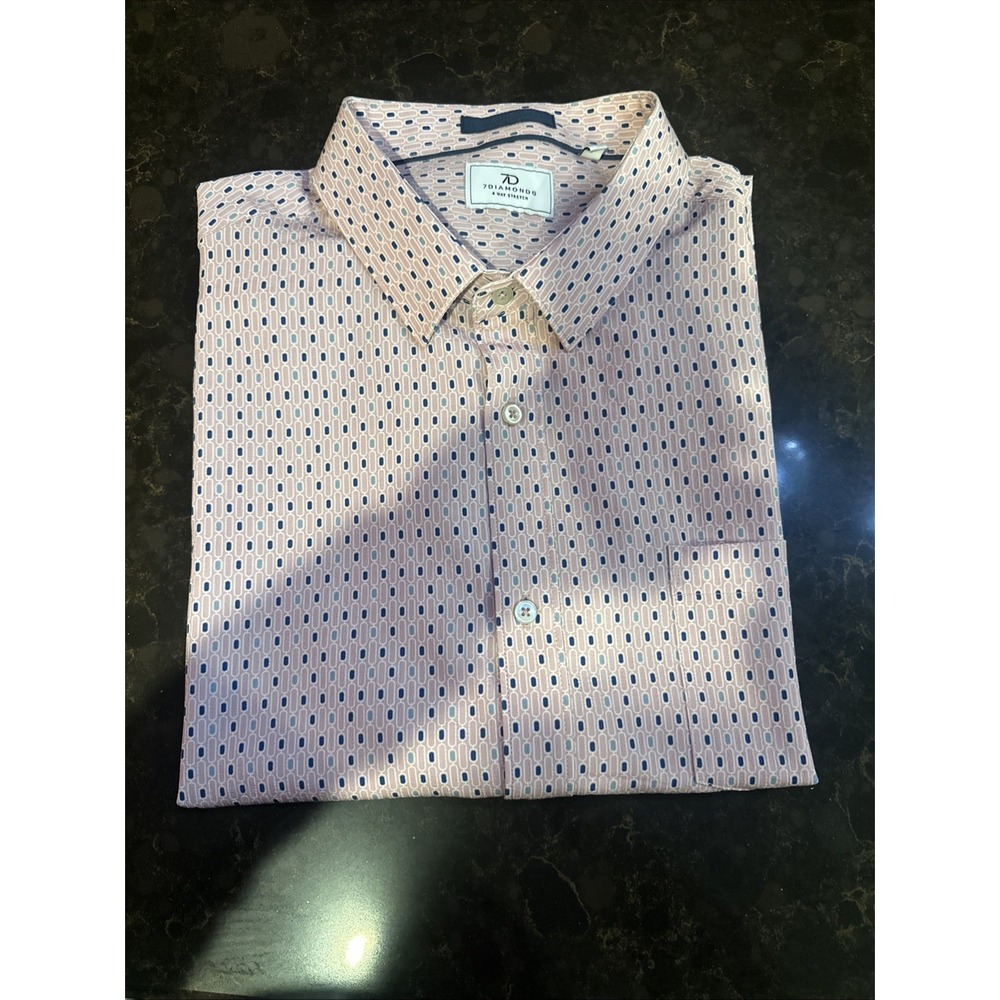 7 Diamonds Calix 4Way Stretch Short Sleeve Shirt Mens XXL Pink Geometric NWOT